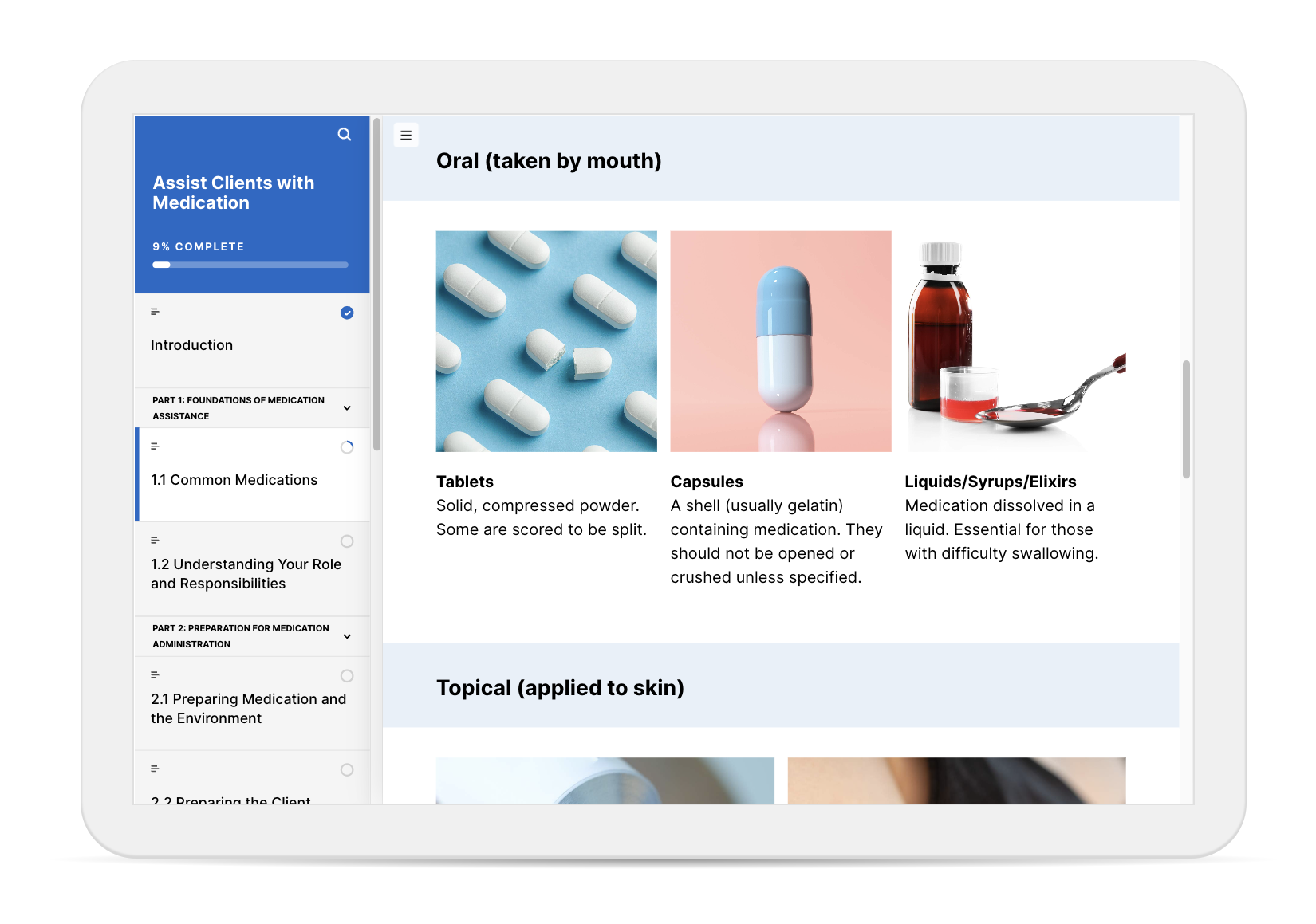 A screenshot of a medication assistance training course