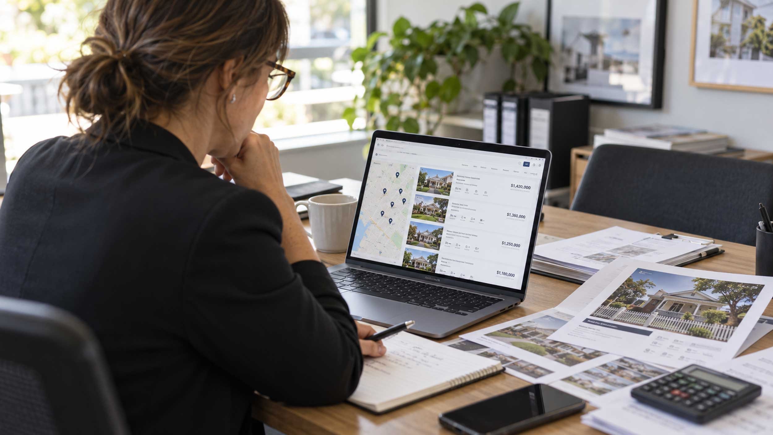 Real estate agent reviewing property price information and comparable residential sales for a Property Price Statement