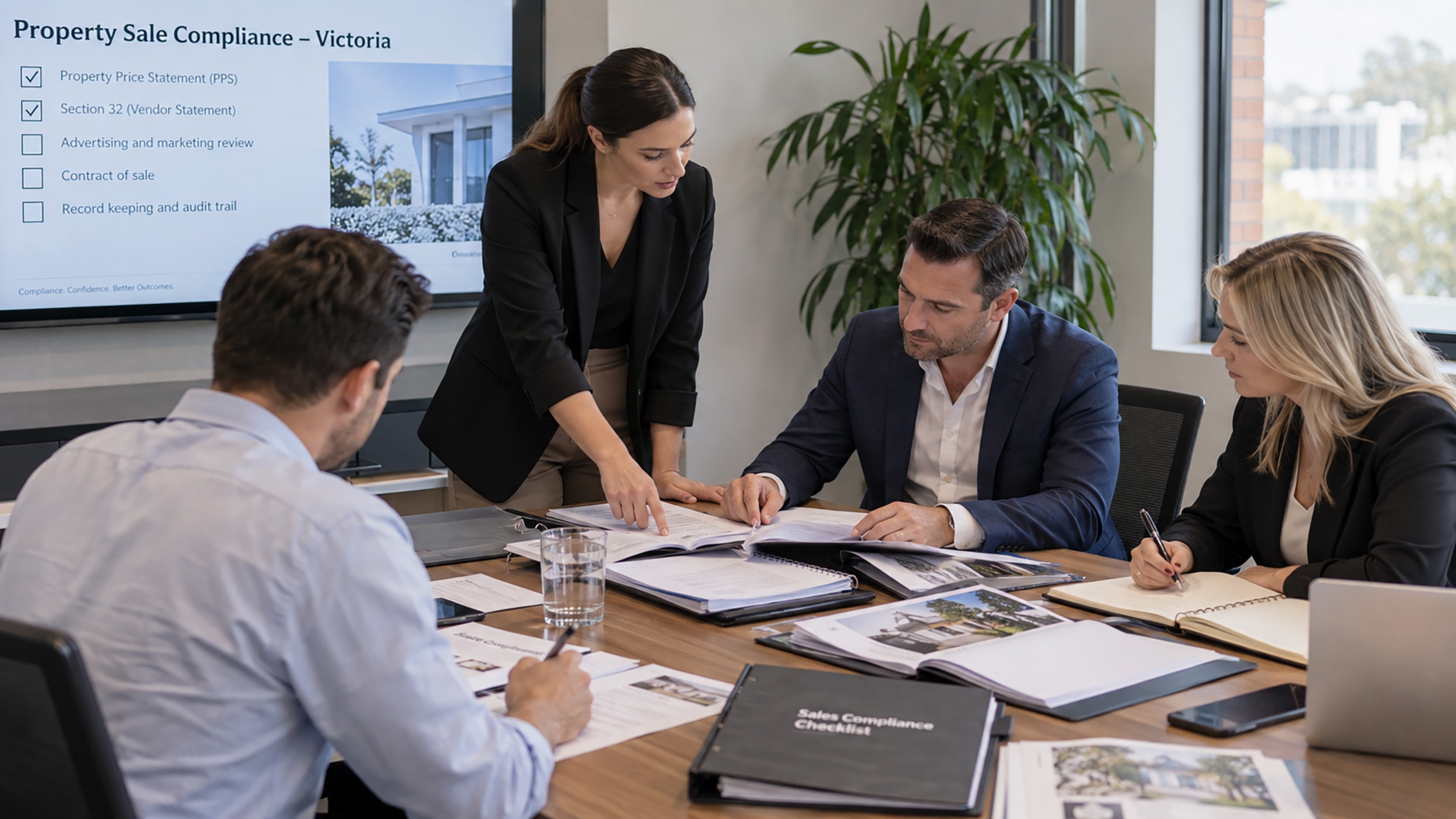 Victorian real estate agency team reviewing Property Price Statement compliance procedures and sales records