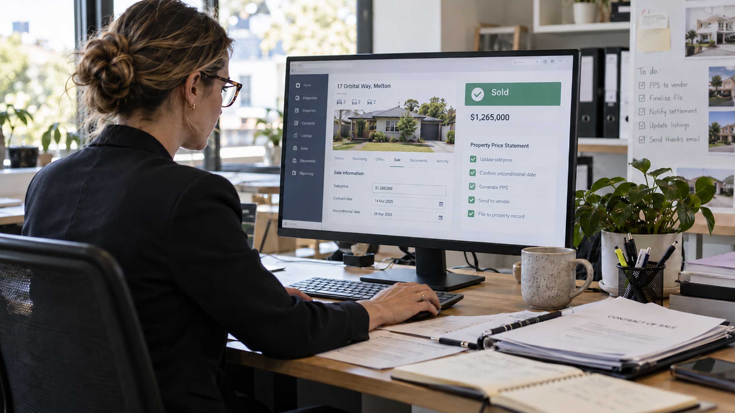 Real estate professional updating a Property Price Statement with the final sold price after an unconditional sale